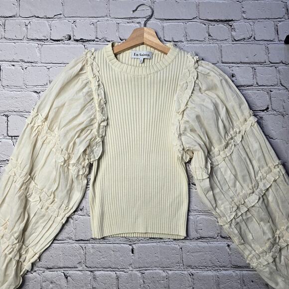 En Saison Scandi Girl Balloon Sleeve Ribbed Knit Top Crew Neck Size Medium - Picture 1 of 9